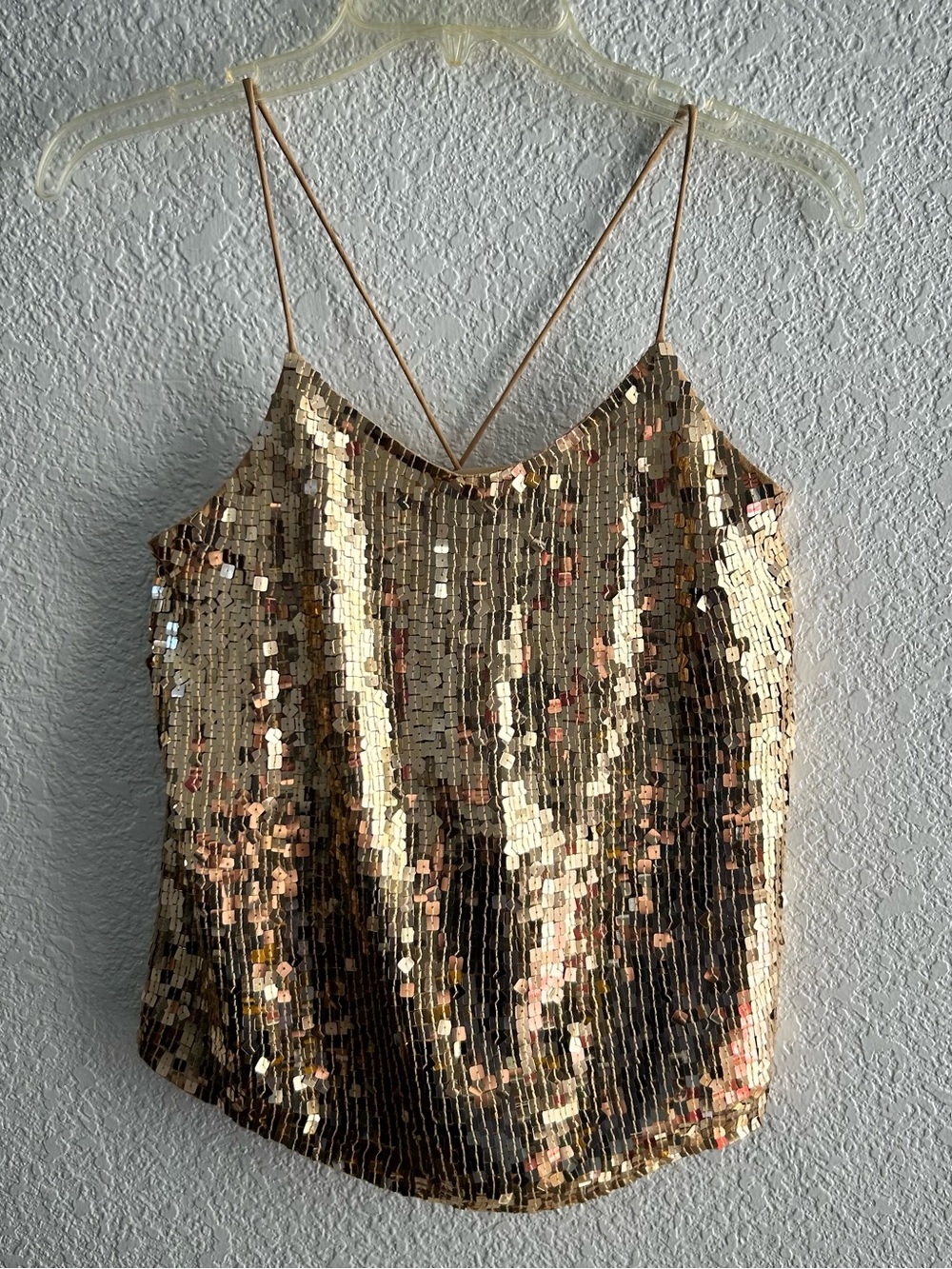 Y2K INC 100% Silk Sequin Cami Top Size 12 Gold Metallic Halter Going Out Top